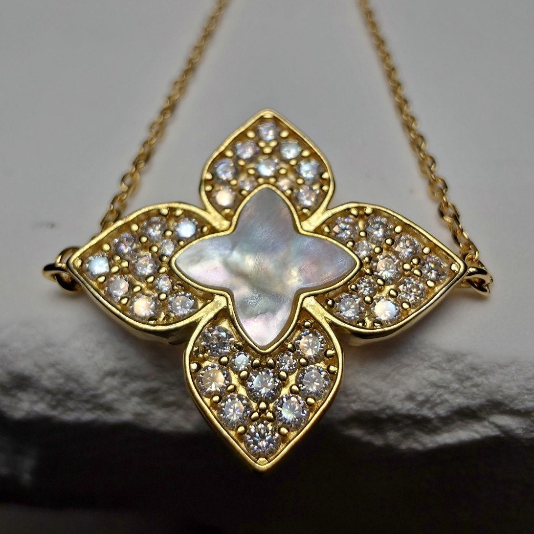 1.08 CTW Moissanite & Mother of Pearl Floral Bracelet in Gold Over Silver