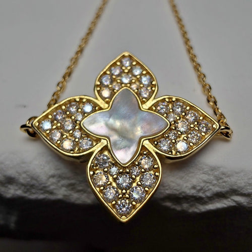 1.08 CTW Moissanite & Mother of Pearl Floral Bracelet in Gold Over Silver