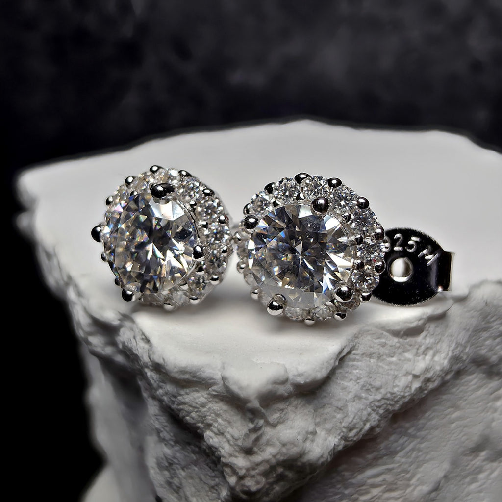 1.18 CTW Moissanite Halo Stud Earrings in 925 Sterling Silver | Brilliant Round