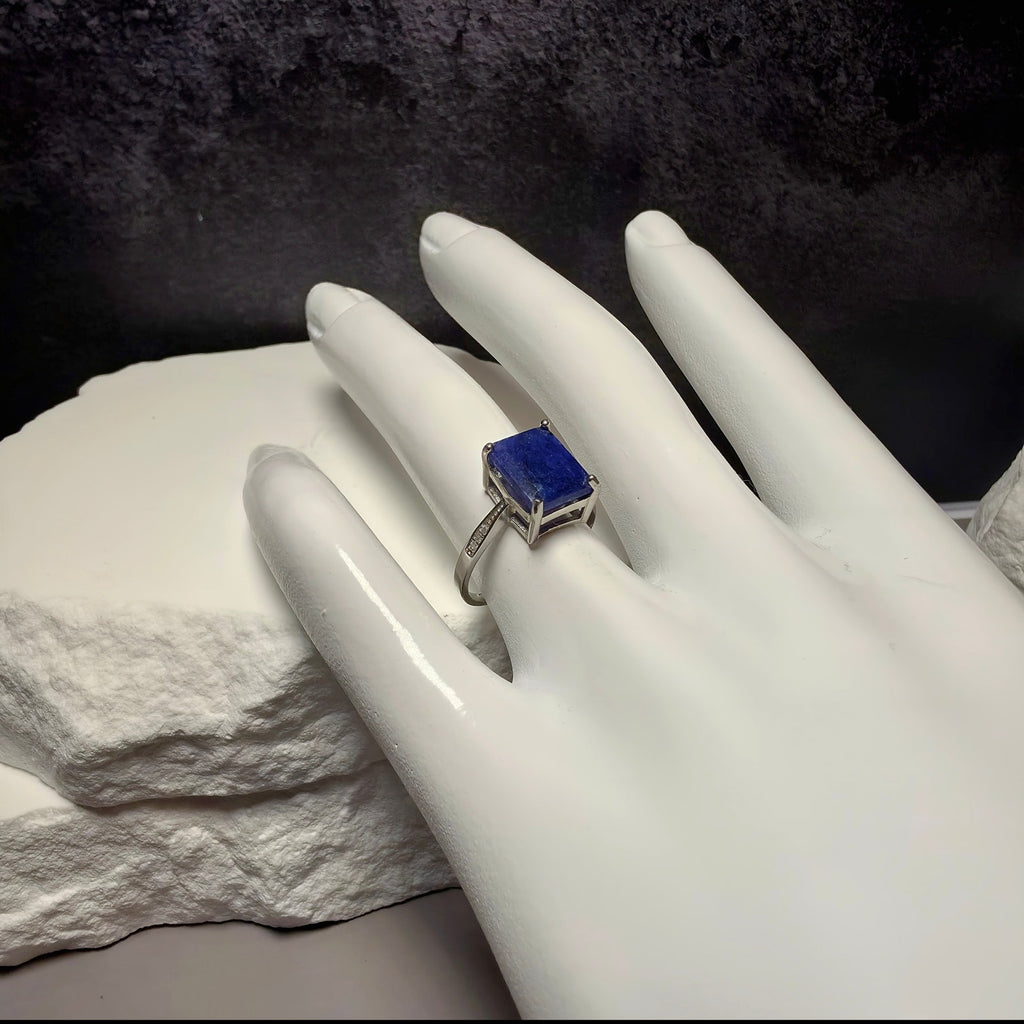 Natural Lapis Lazuli Ring S925 Sterling Silver Emerald Cut - Size 6, 2mm
