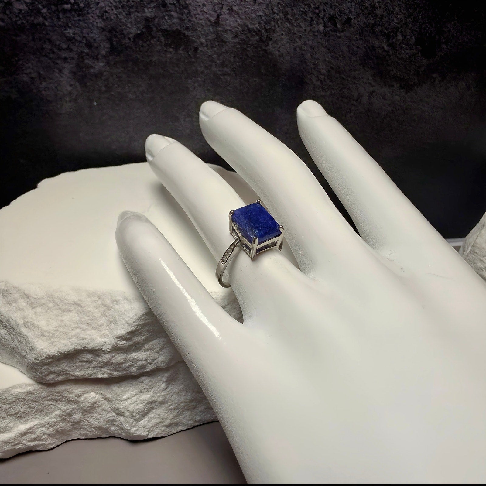 Natural Lapis Lazuli Ring S925 Sterling Silver Emerald Cut - Size 6, 2mm