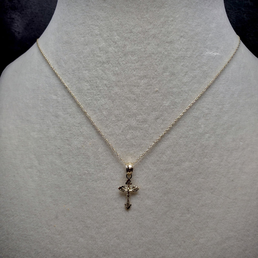 10K Solid Gold Dainty Crucifix Pendant w/10k 16" Singapore Necklace