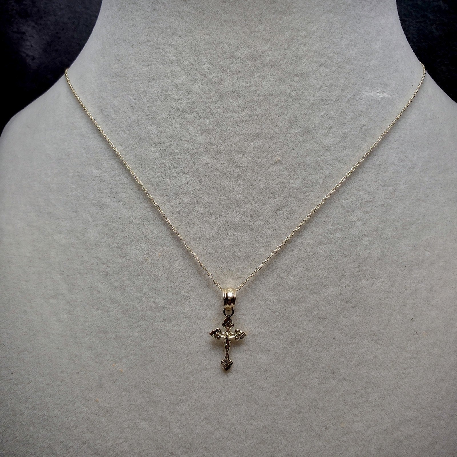 10K Solid Gold Dainty Crucifix Pendant w/10k 16" Singapore Necklace