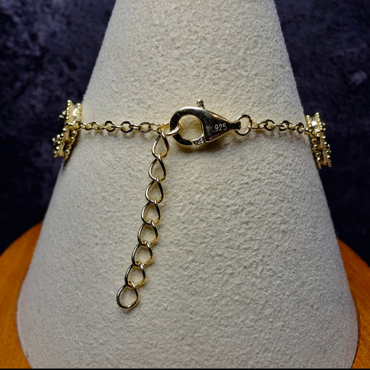 7+1" Gold Over Sterling Silver Onyx & CZ Clover Station Bracelet
