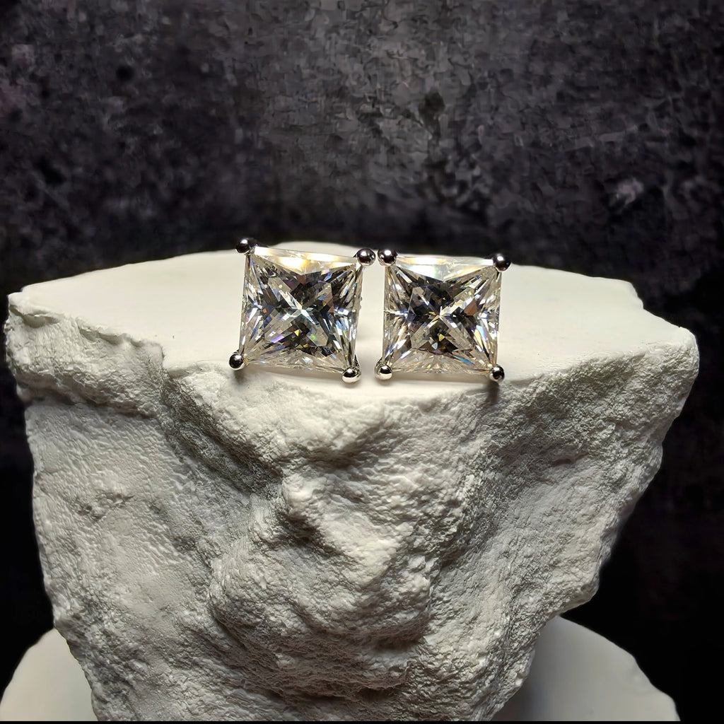 7mm 4.00CTW Princess Cut Moissanite Stud Earrings 925 Silver w/Screw Backs & GRA