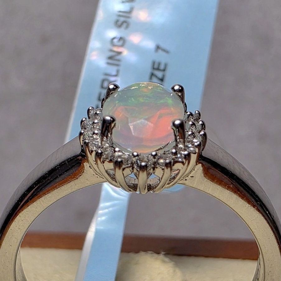 Size 7 Natural Ethiopian Opal 0.46ct Moissanite Halo Ring 925 Sterling Silver