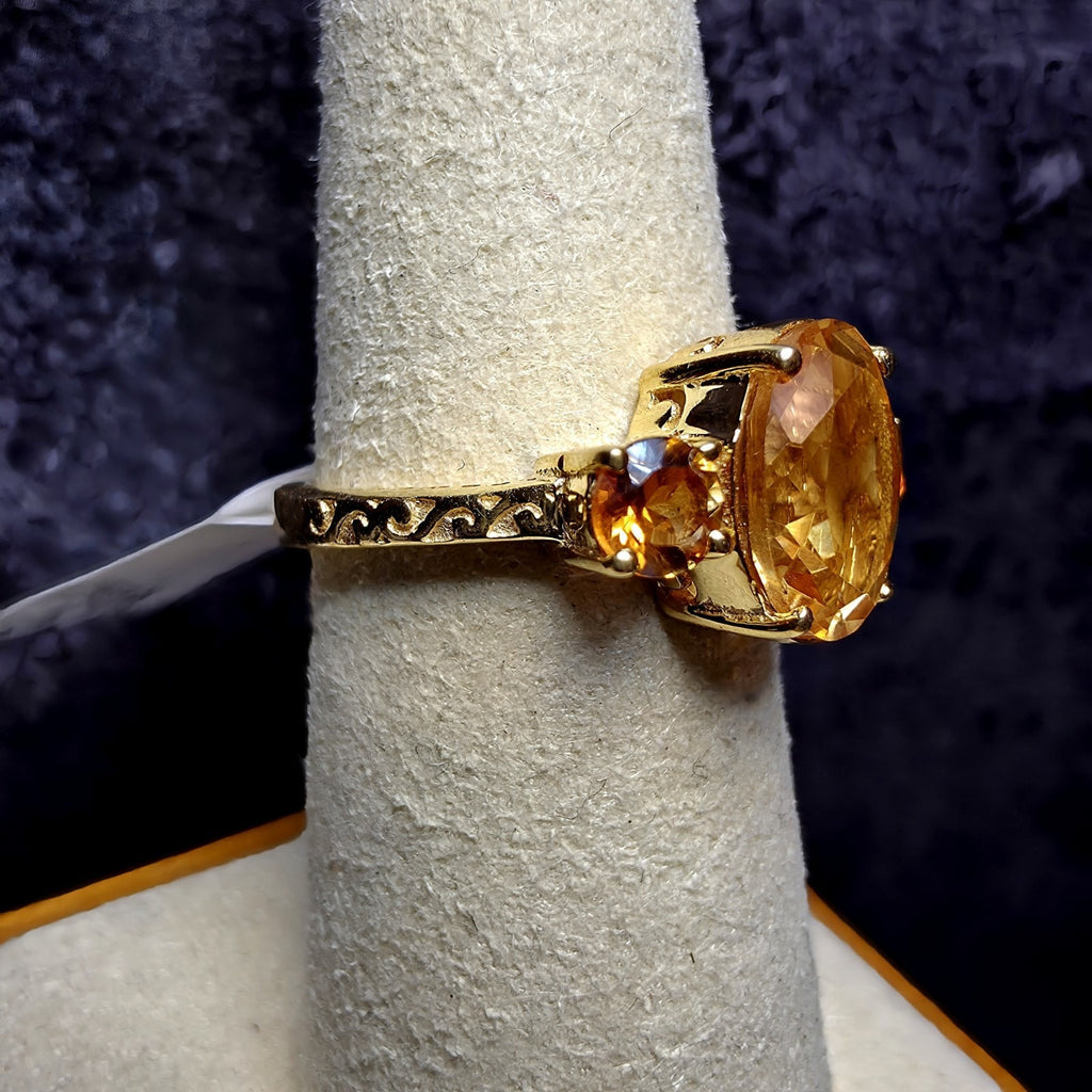 Genuine Citrine Three-Stone Ring Size 7 Gold Over 925 Silver