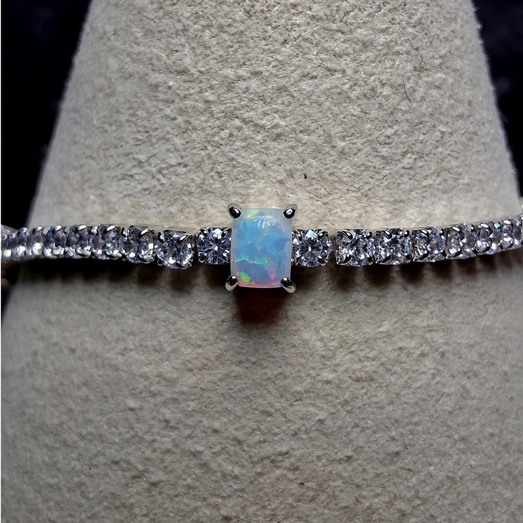 7" 925 Sterling Silver Ethiopian Opal & CZ Tennis Bracelet | Iridescent Station