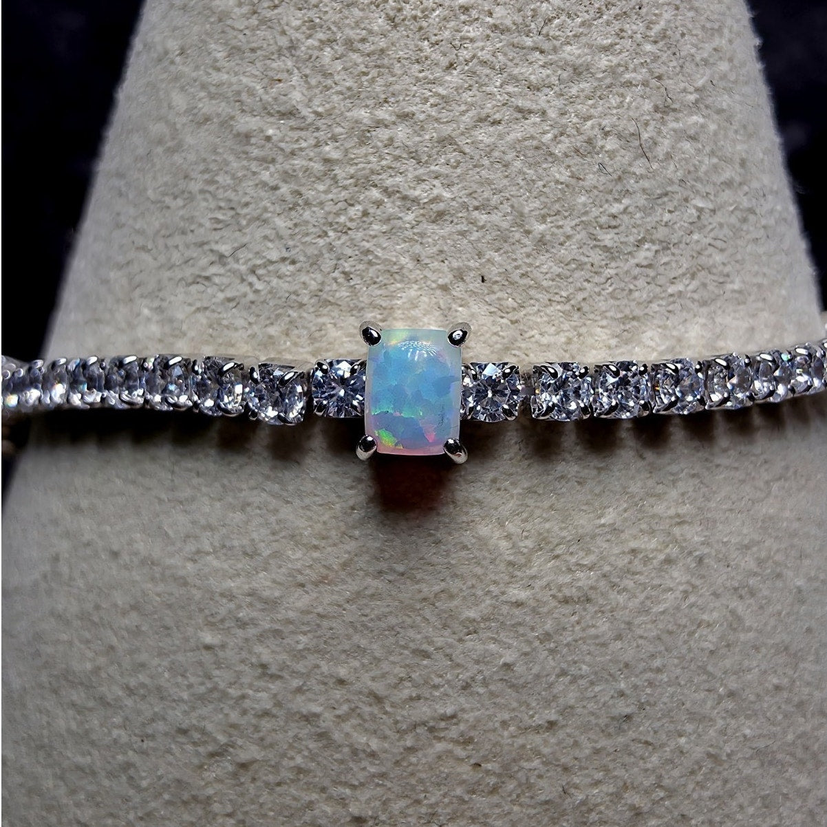 7" 925 Sterling Silver Ethiopian Opal & CZ Tennis Bracelet | Iridescent Station
