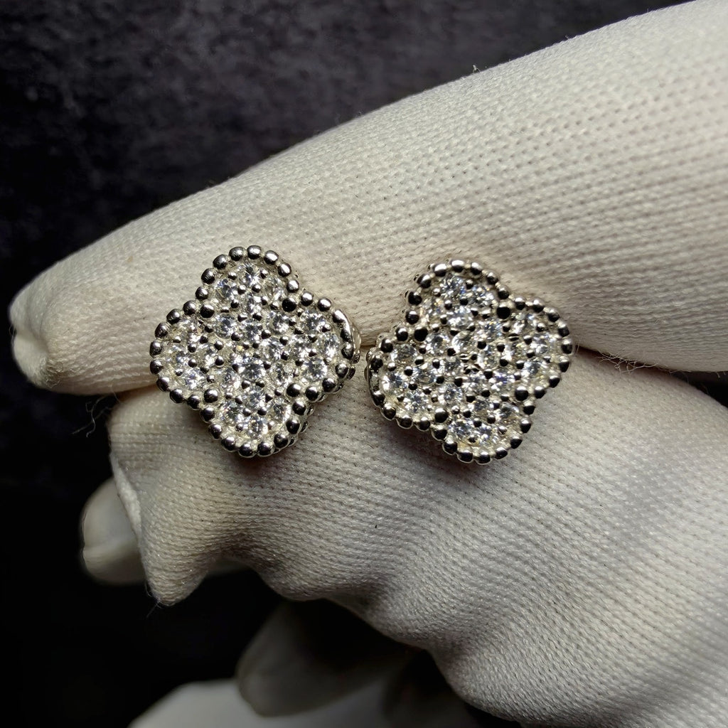 925 Sterling Silver 10mm CZ Four-Leaf Clover Stud Earrings w/Butterfly Back