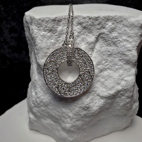 1.37 CTW Moissanite Clover Circle Pendant Necklace 18+1" 925 Silver