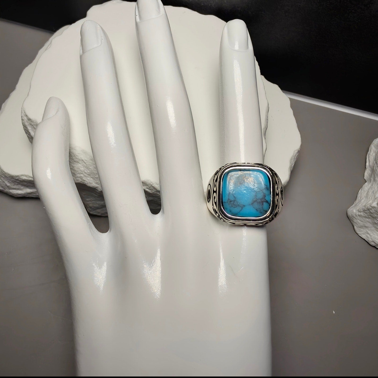 925 Sterling Silver Turquoise Signet Men's Ring – Crescent & Star Motif (Size 12.5)