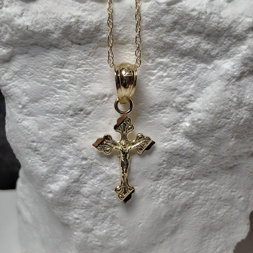 10K Solid Gold Dainty Crucifix Pendant w/10k 16" Singapore Necklace