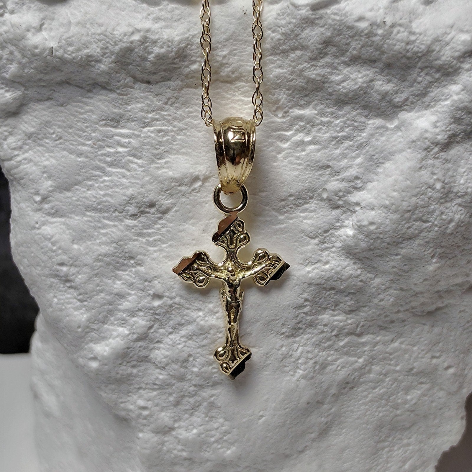 10K Solid Gold Dainty Crucifix Pendant w/10k 16" Singapore Necklace