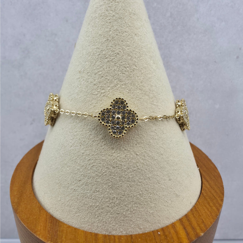7+1" 12mm Pave Large Five-Motif Clover Bracelet Gold Plated 925 Silver