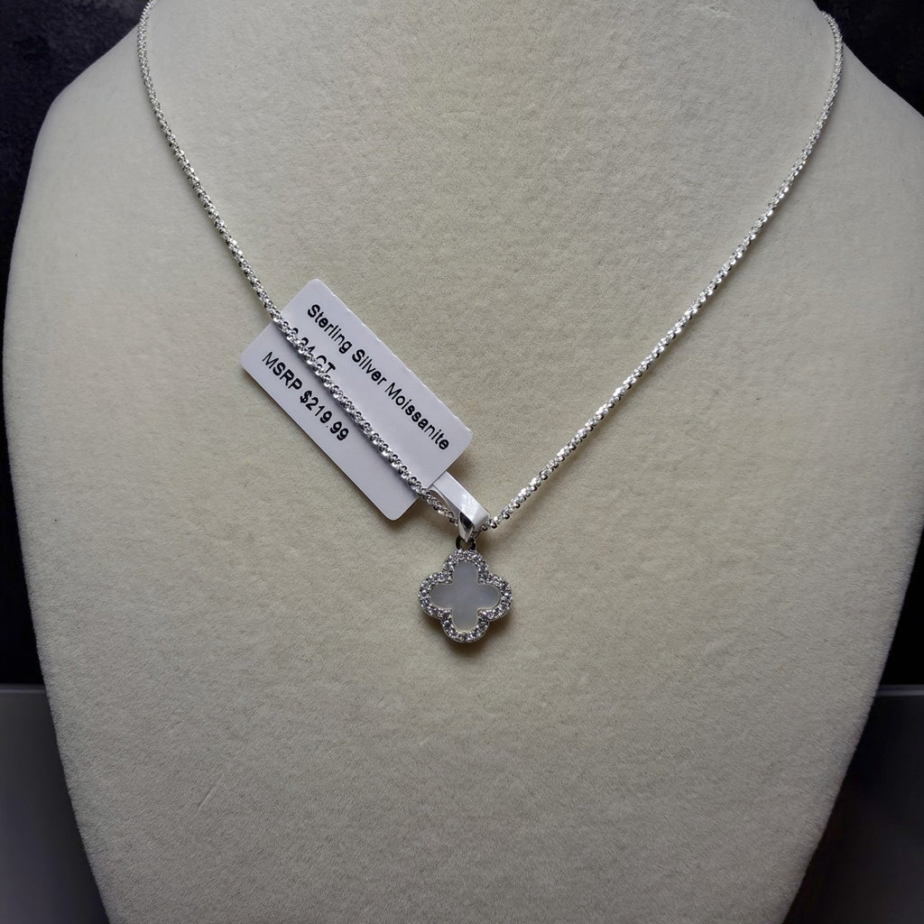 0.24CTW Moissanite & MOP Clover Pendant 18" Twisted Rock Necklace Silver