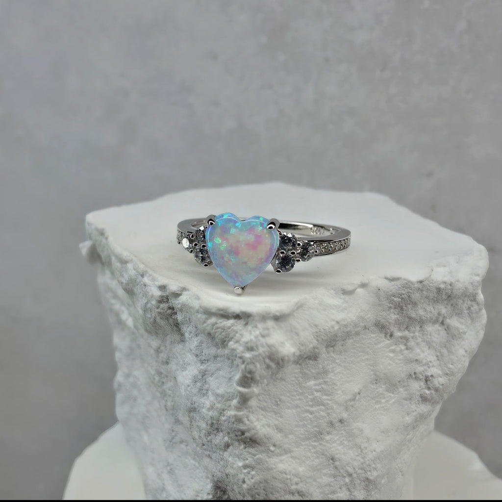 925 Sterling Silver Lab Opal Heart Ring with CZ Accents – Size 7