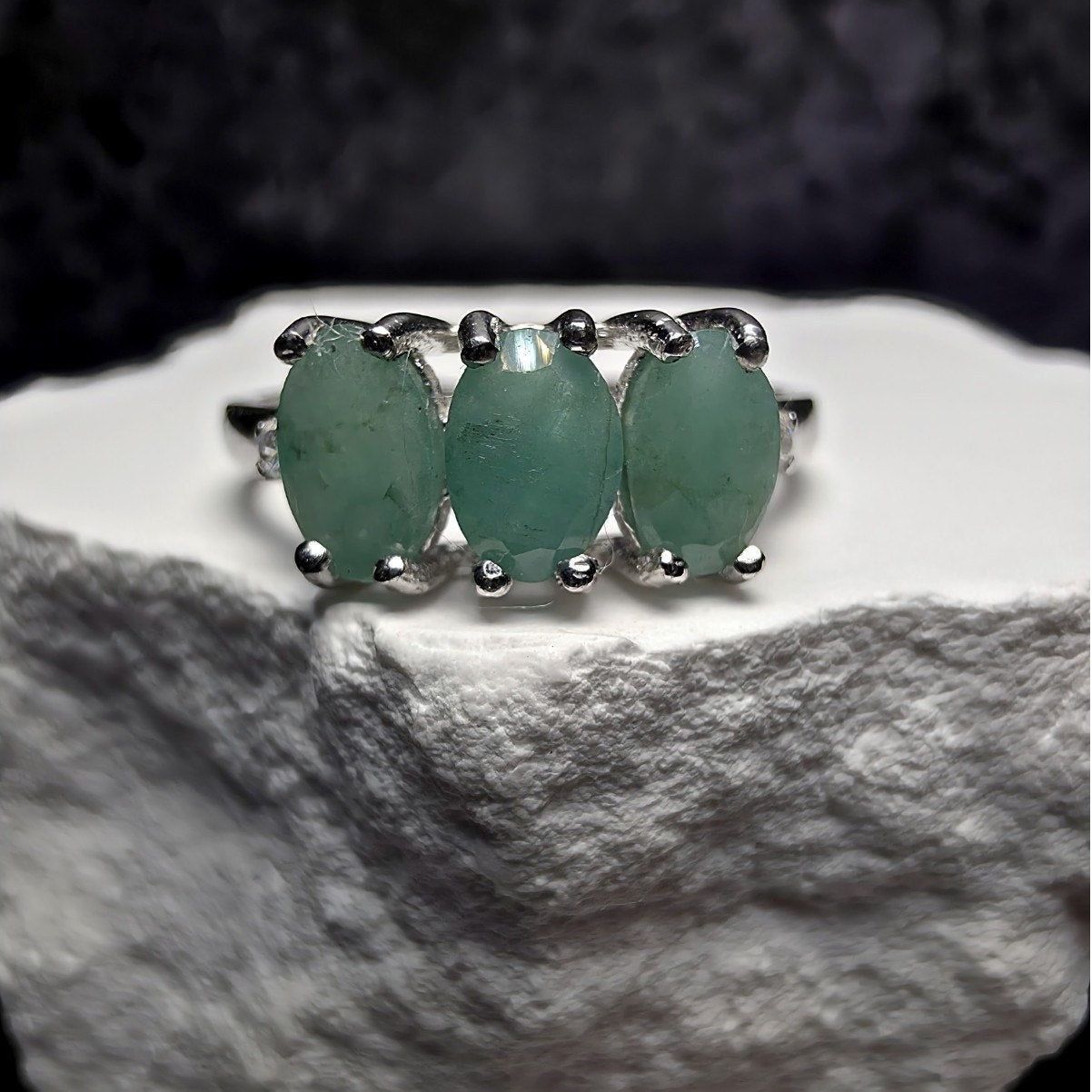 Natural Emerald 3-Stone Ring, S925 Sterling Silver, Size 7