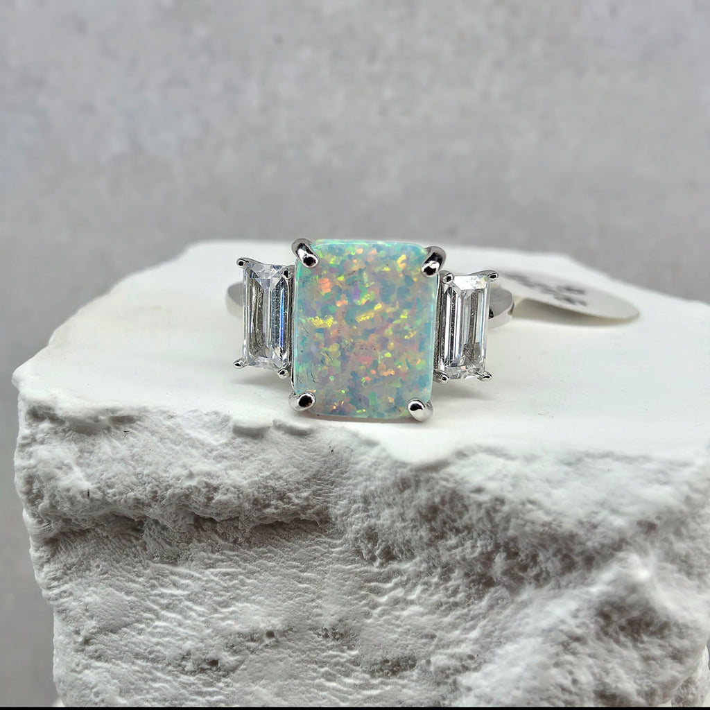 Size 6 White Fire Opal w/CZ Baguette Accents Ring 925 Sterling Silver