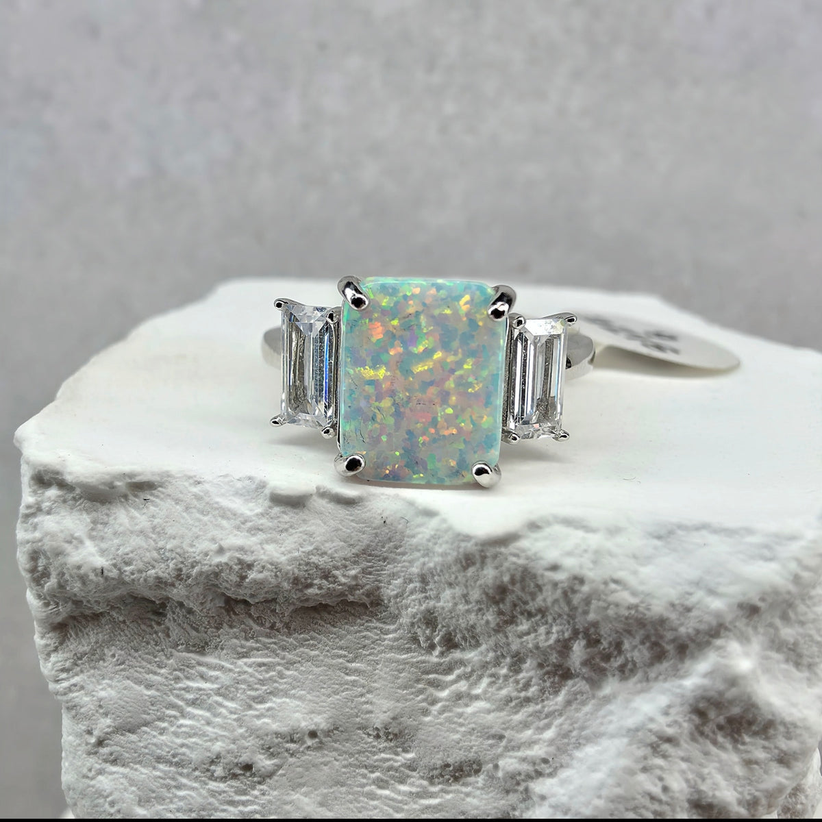 Size 6 White Fire Opal w/CZ Baguette Accents Ring 925 Sterling Silver
