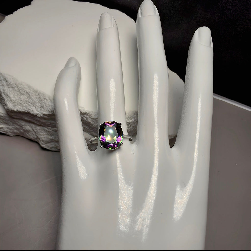 Genuine Oval Mystic Topaz Solitaire Ring in 925 Sterling Silver – Size 8