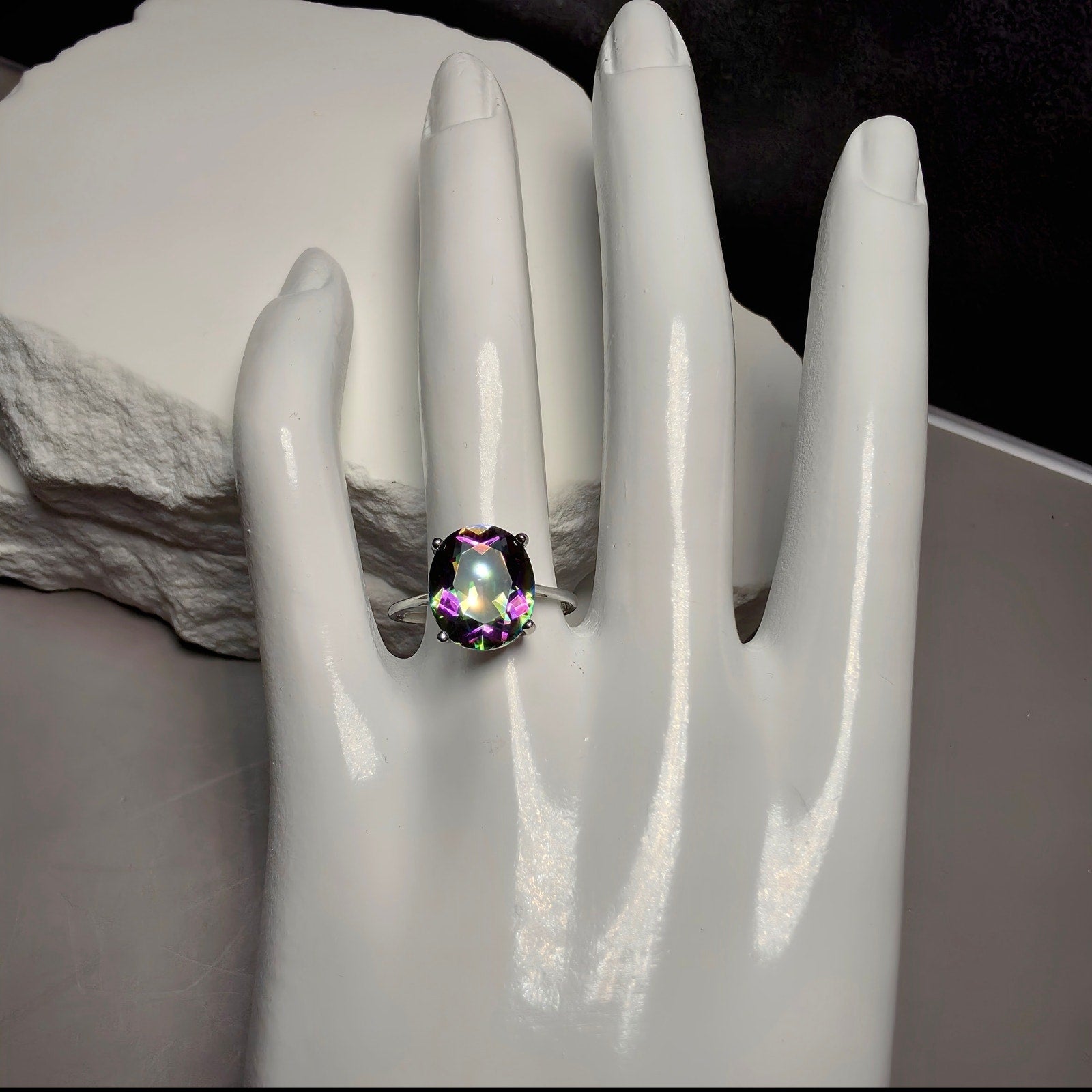 Genuine Oval Mystic Topaz Solitaire Ring in 925 Sterling Silver – Size 8