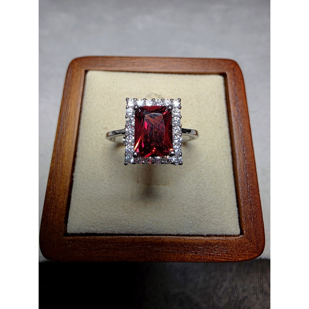 S7 Garnet w/Moissanite Halo Ring 925 Sterling Silver