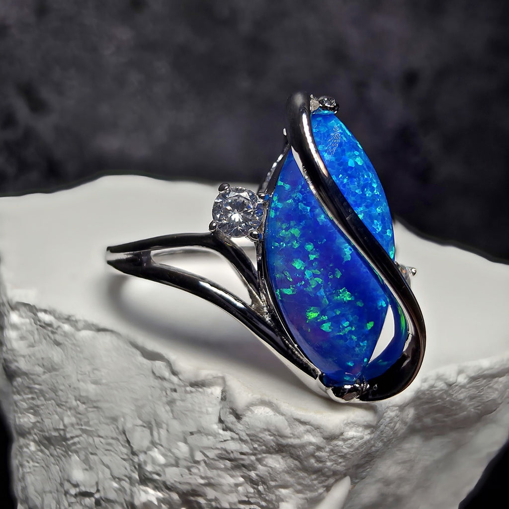 Vibrant Blue Fire Opal Marquis Ring 925 Sterling Silver Size 6