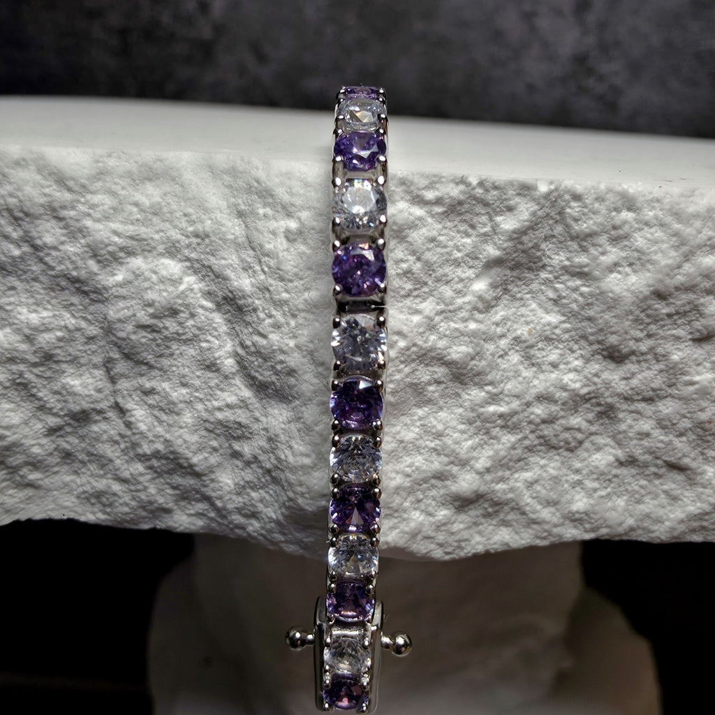 925 Sterling Silver Purple Amethyst & CZ Alternating Tennis Bracelet – 7" 3.3mm