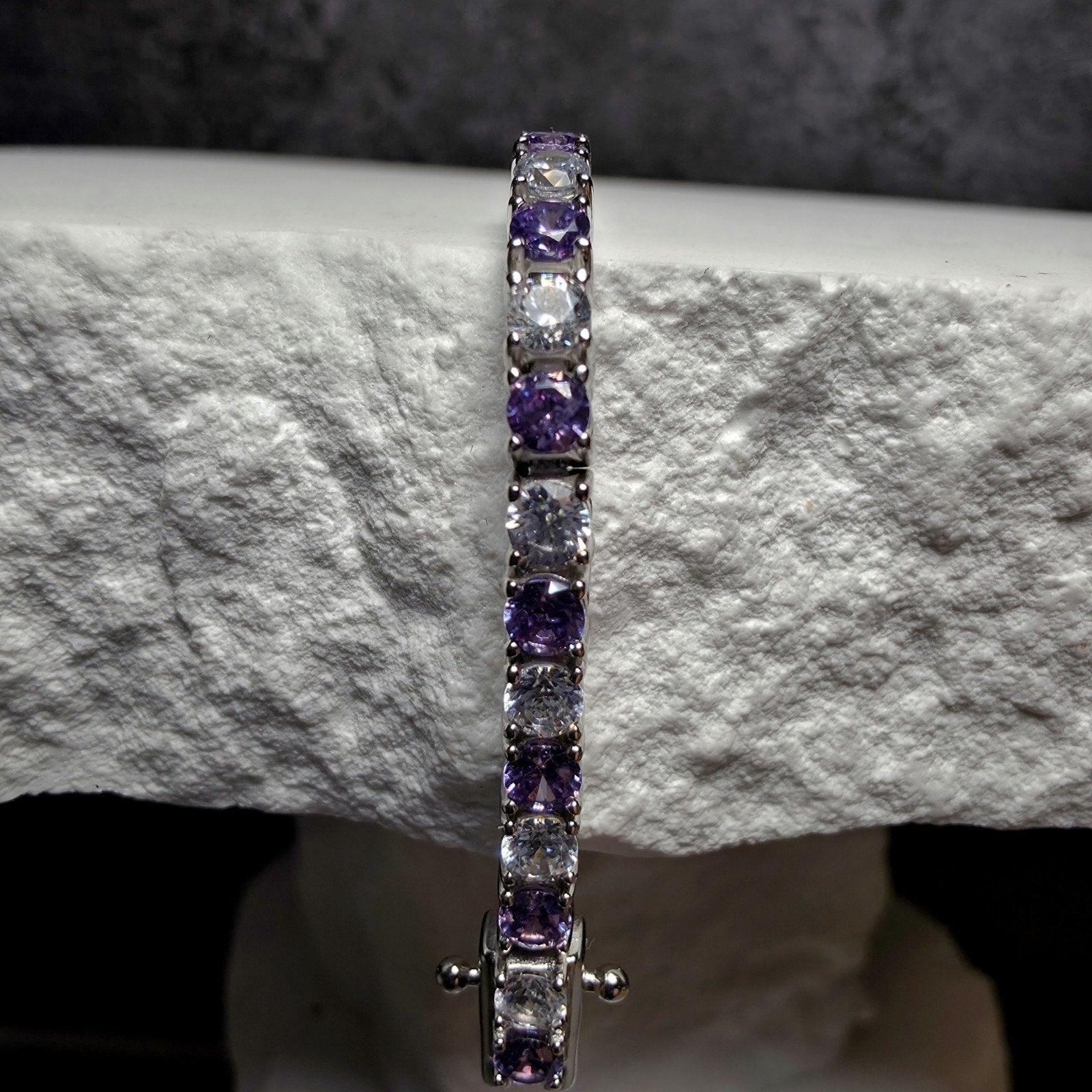 925 Sterling Silver Purple Amethyst & CZ Alternating Tennis Bracelet – 7" 3.3mm
