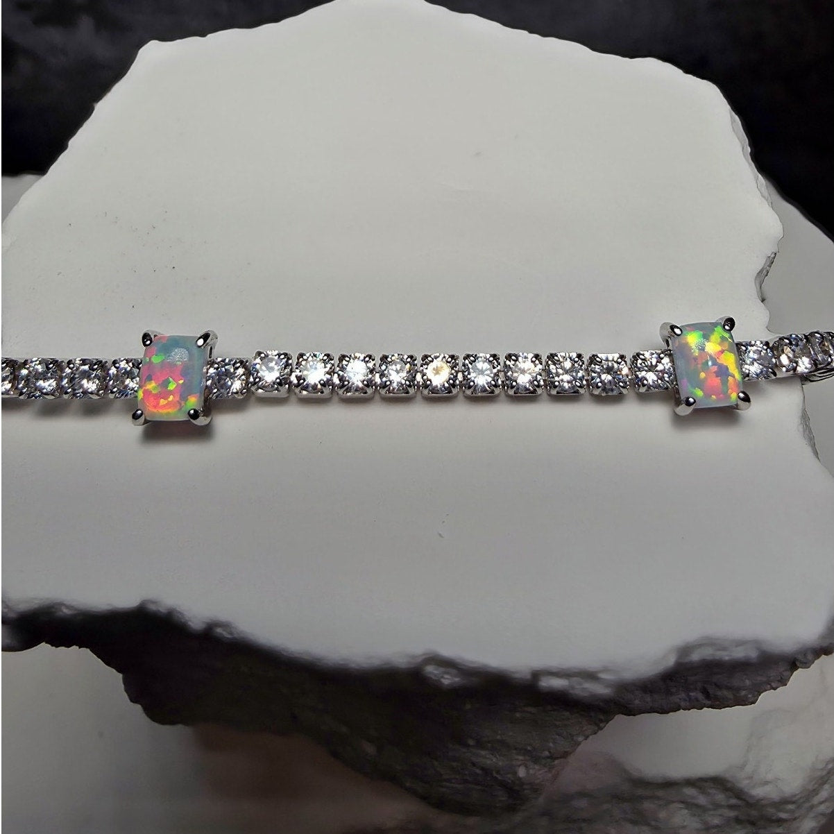 7" 925 Sterling Silver Ethiopian Opal & CZ Tennis Bracelet | Iridescent Station