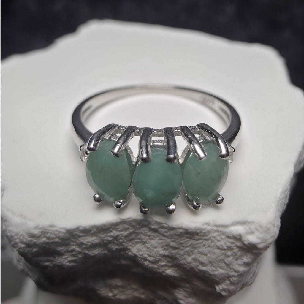 Natural Emerald 3-Stone Ring, S925 Sterling Silver, Size 7