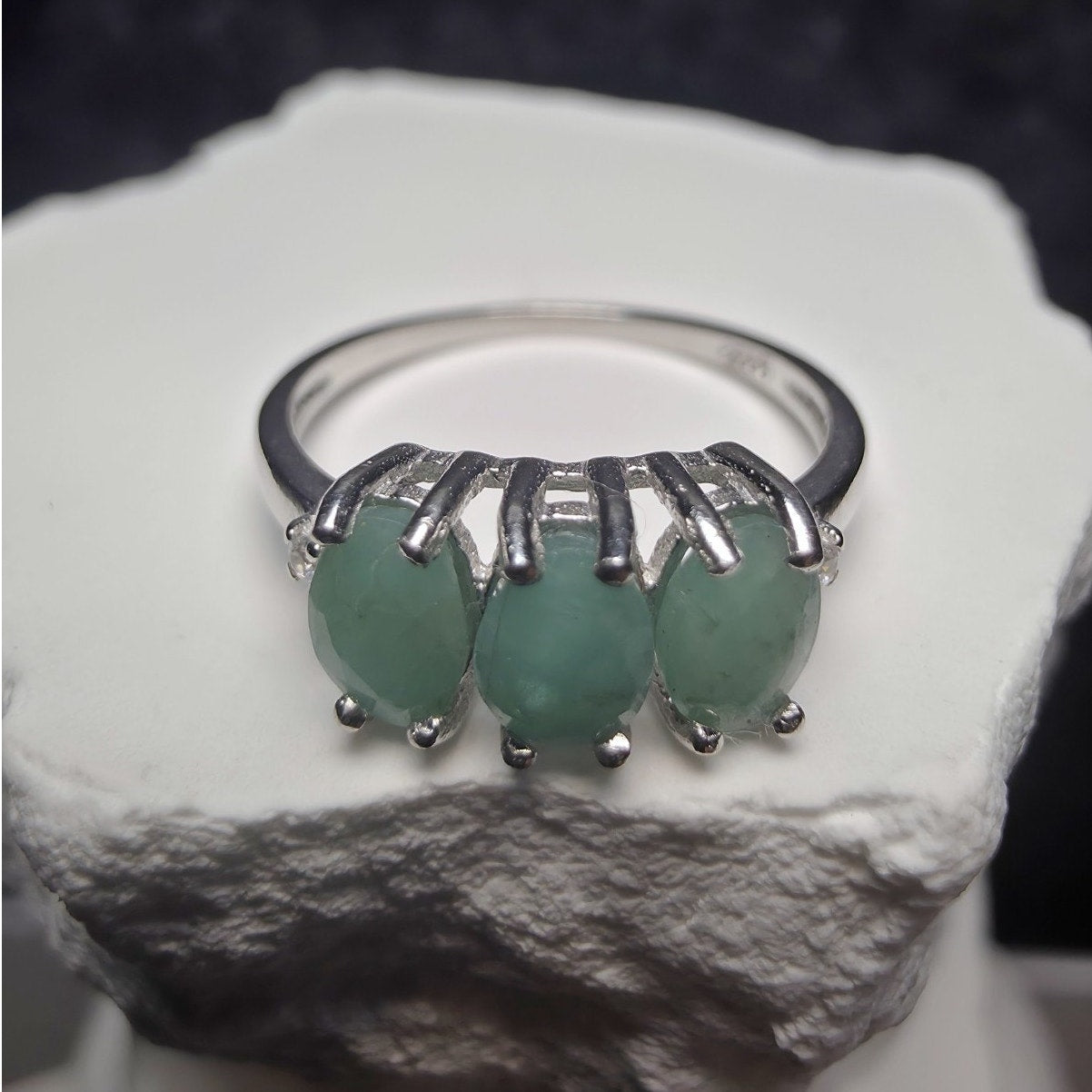 Natural Emerald 3-Stone Ring, S925 Sterling Silver, Size 7