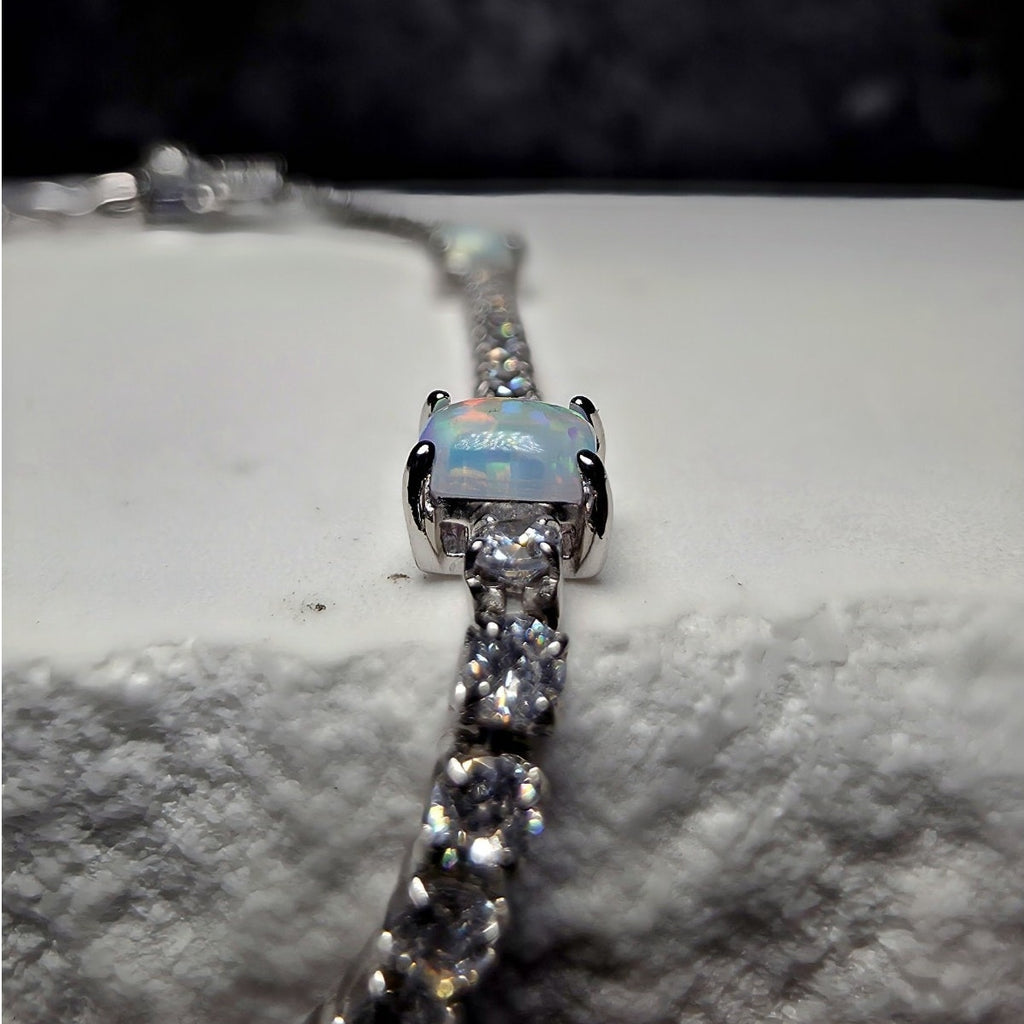 7" 925 Sterling Silver Ethiopian Opal & CZ Tennis Bracelet | Iridescent Station