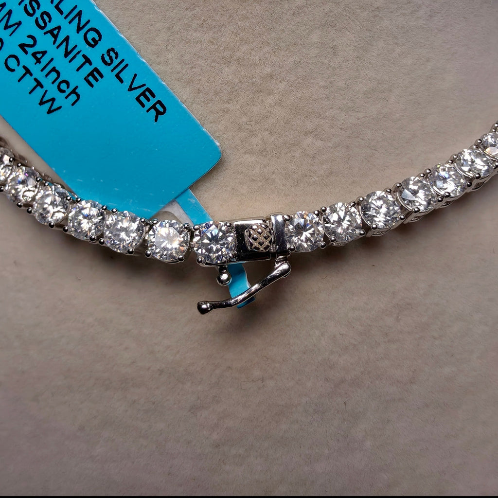 43.60CTW Moissanite Tennis Necklace in Solid 925 Sterling Silver (4mm, 24", 33.48g)