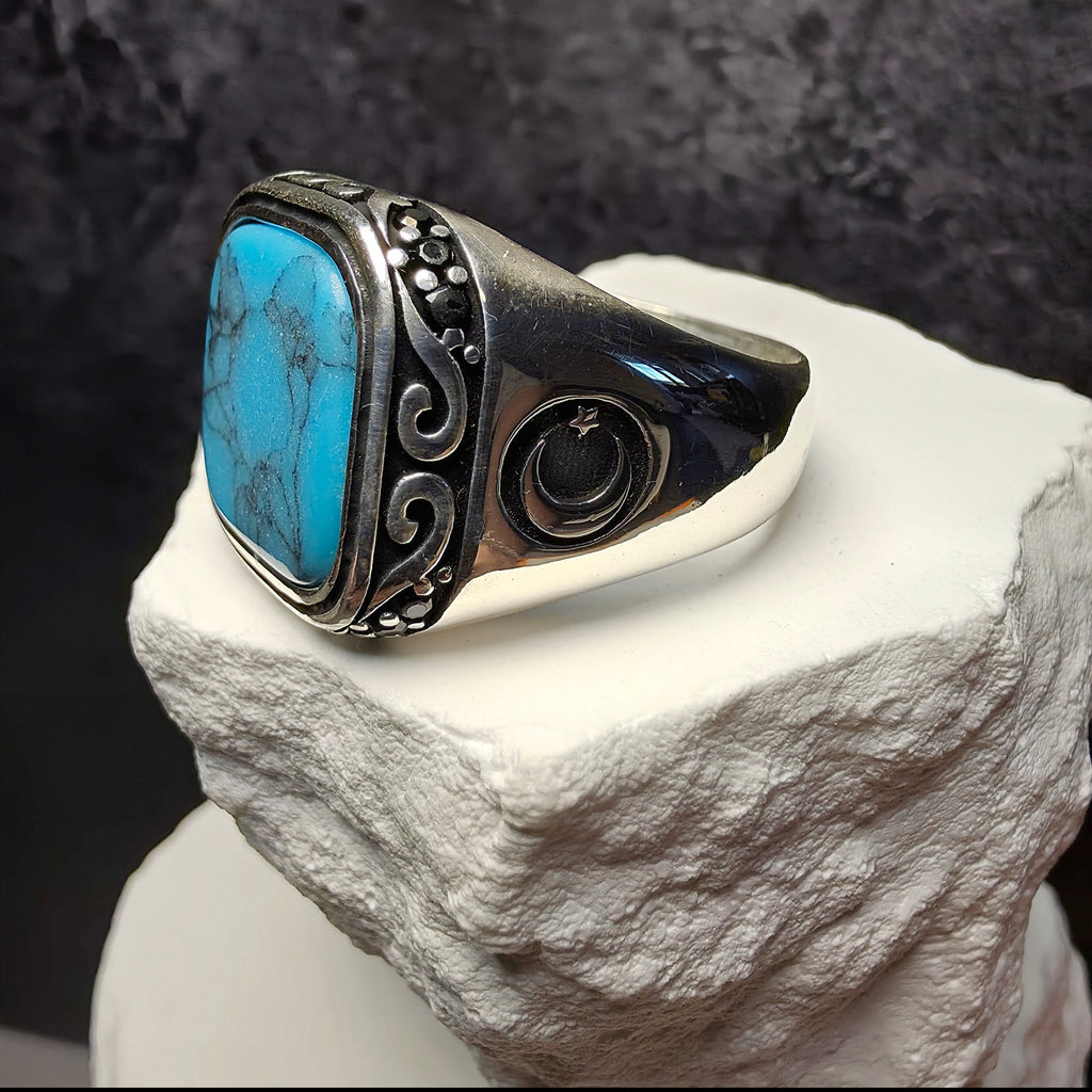 925 Sterling Silver Turquoise Signet Men's Ring – Crescent & Star Motif (Size 9.5) 12g