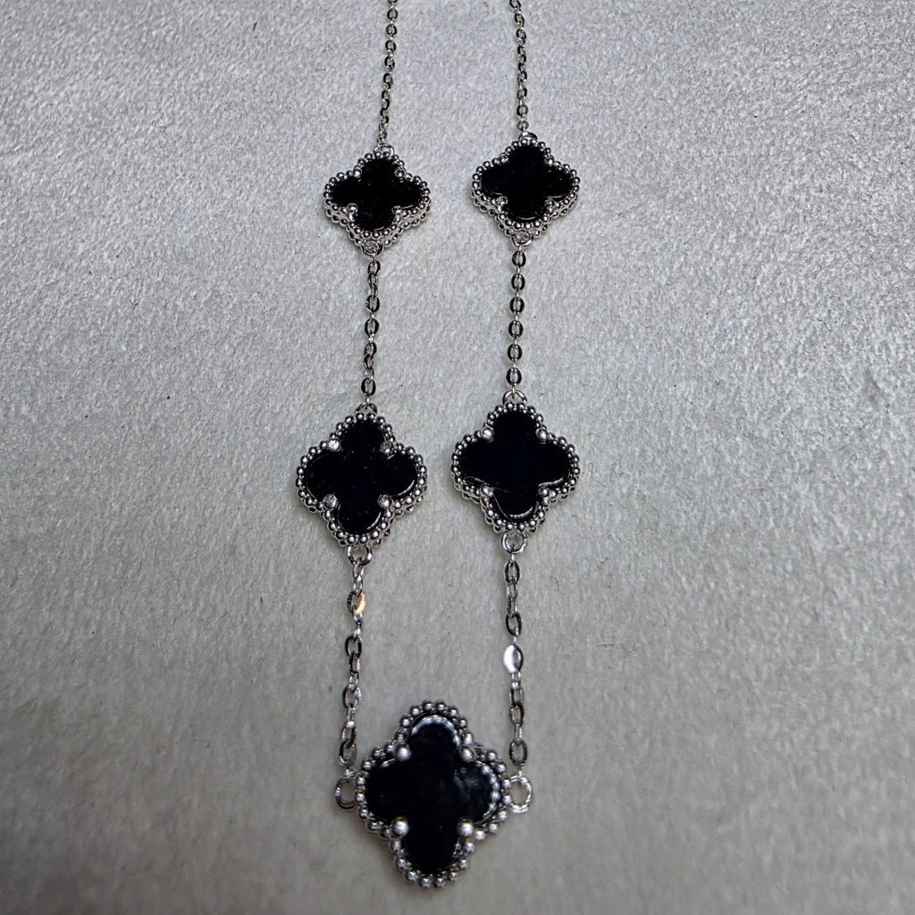 7+1" Black Onyx Station 5-Clover Bracelet Solid 925 Sterling Silver