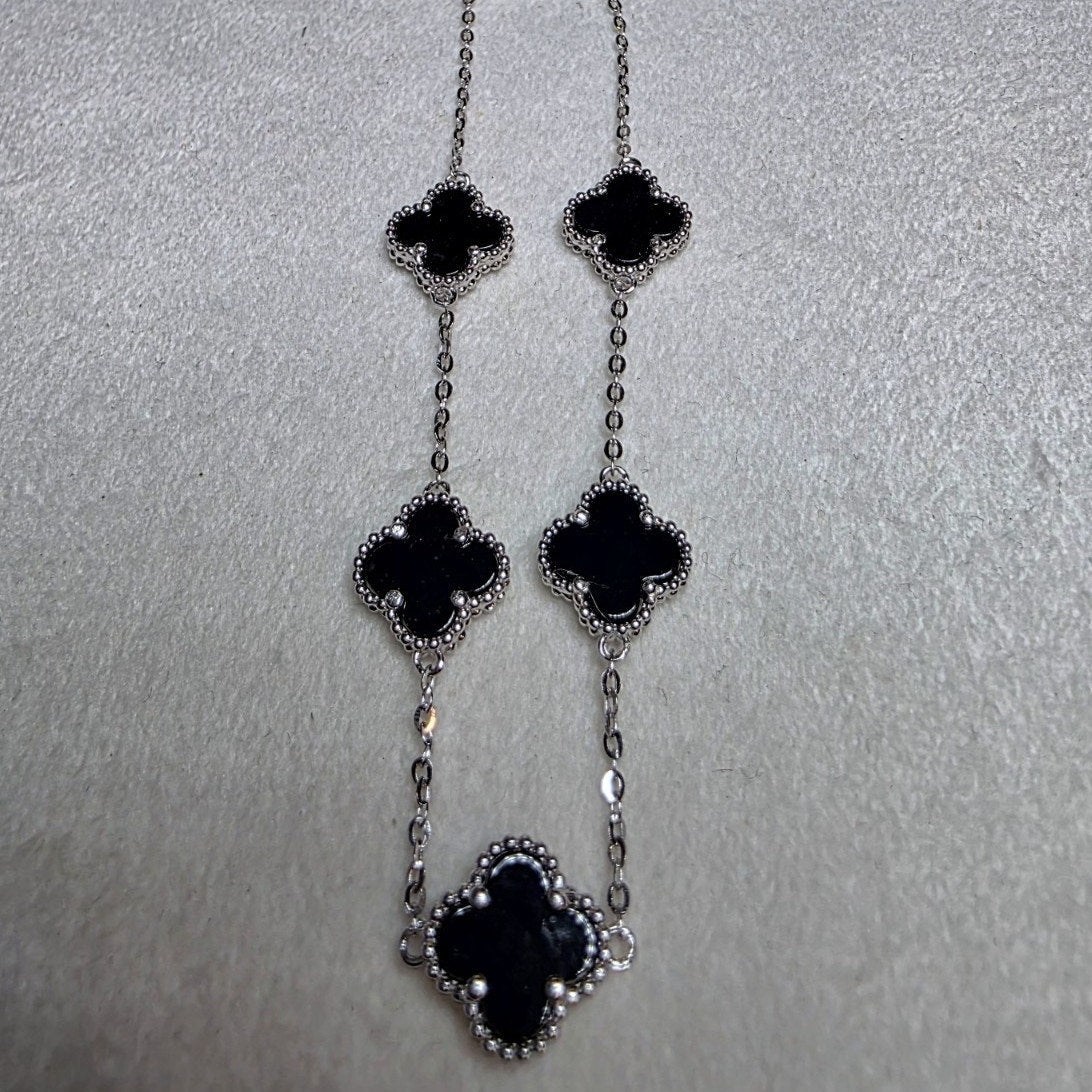 7+1" Black Onyx Station 5-Clover Bracelet Solid 925 Sterling Silver