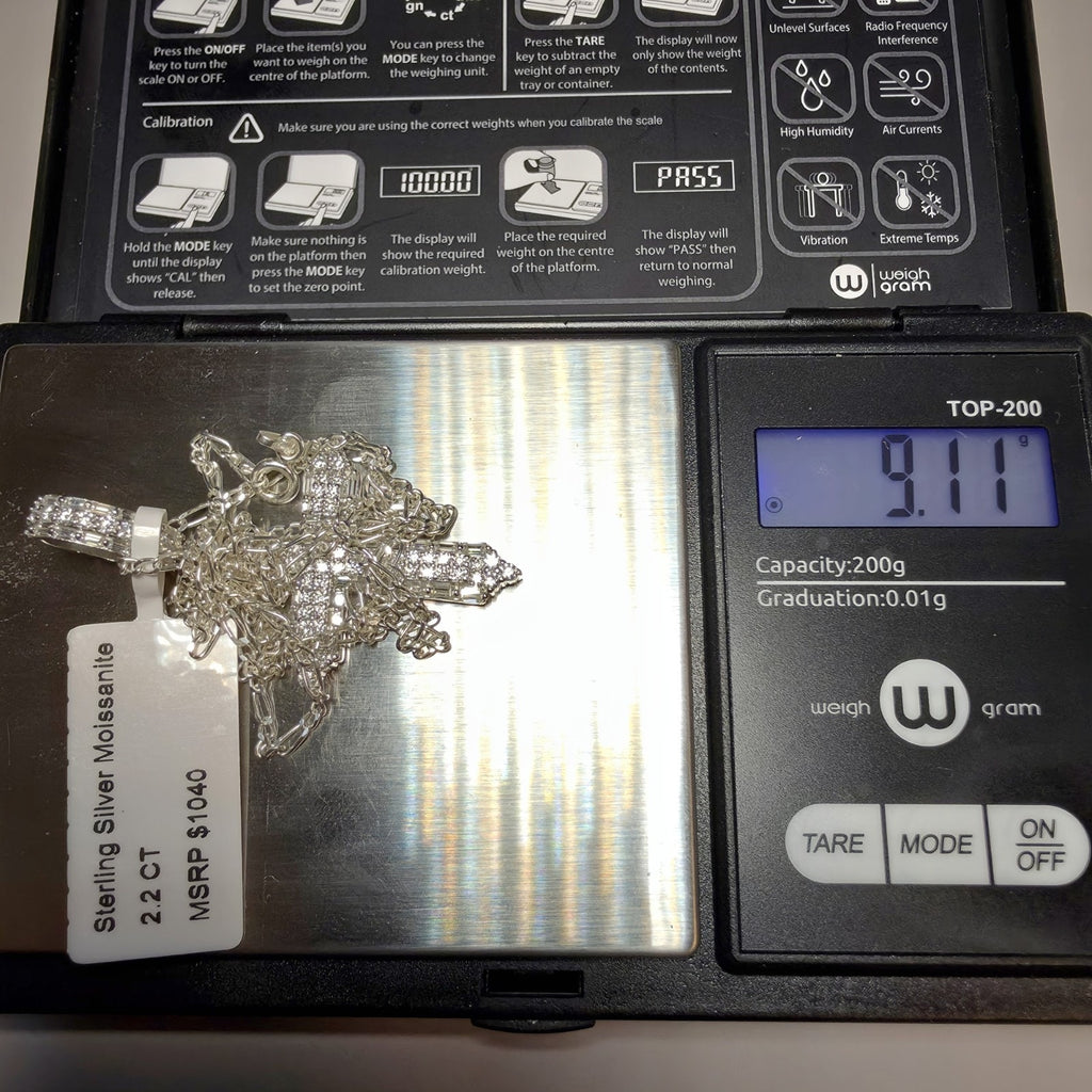 2.2CTW Moissanite Cross Pendant in 925 Sterling Silver | 24" 2mm Figaro Necklace