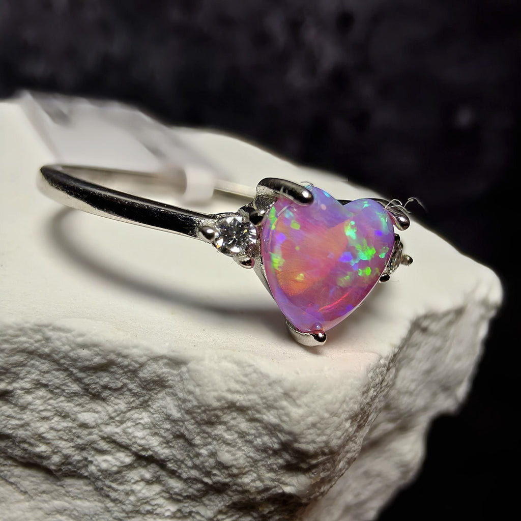 Sterling Silver Heart-Cut Lab Created Pink Opal & Moissanite Ring (Size 8)