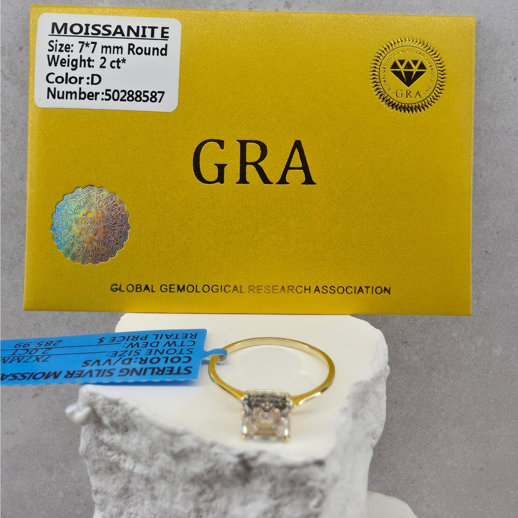 Size 9 2.0ct Asscher Cut Moissanite Ring 14K Gold Plated 925 Silver GRA