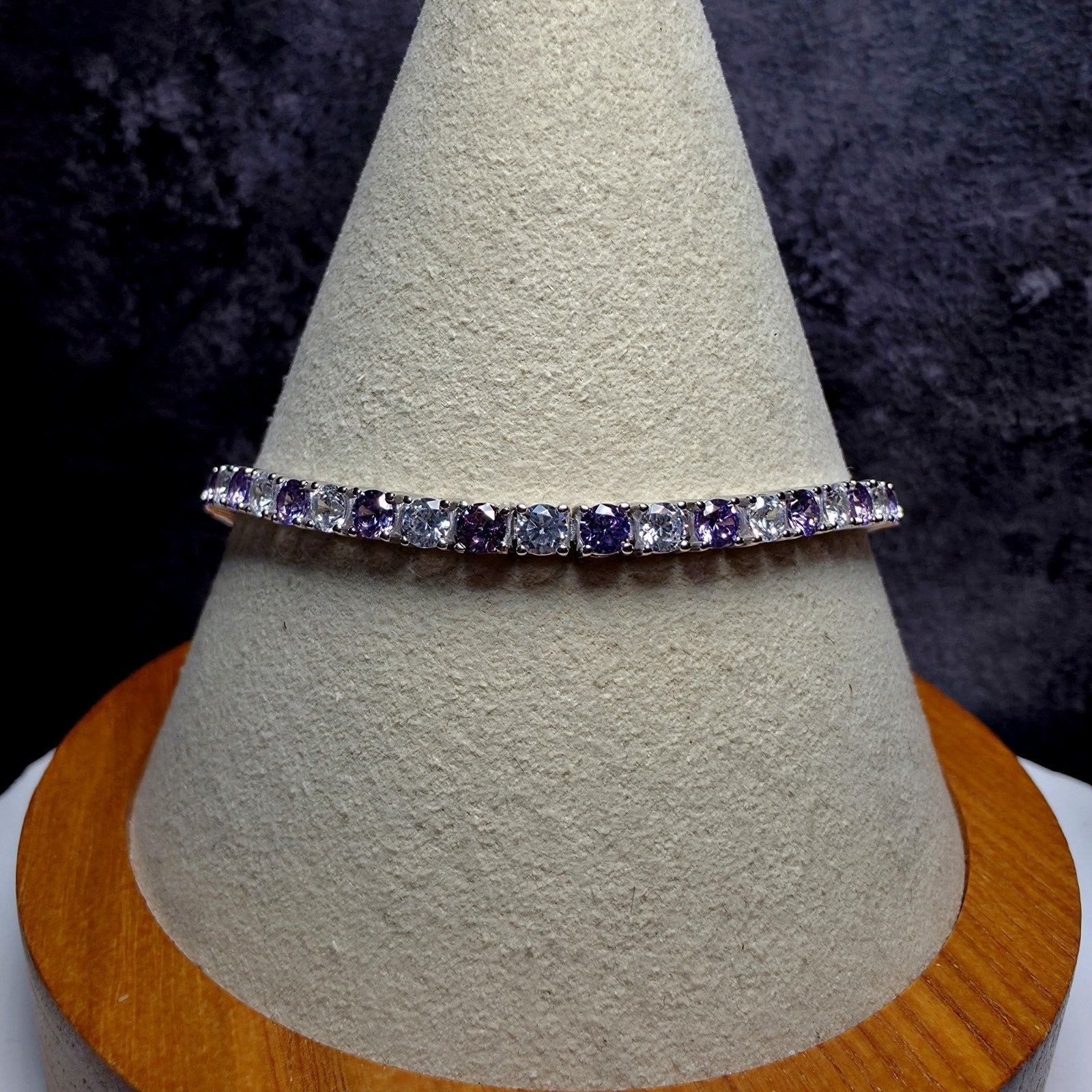 925 Sterling Silver Purple Amethyst & CZ Alternating Tennis Bracelet – 7" 3.3mm