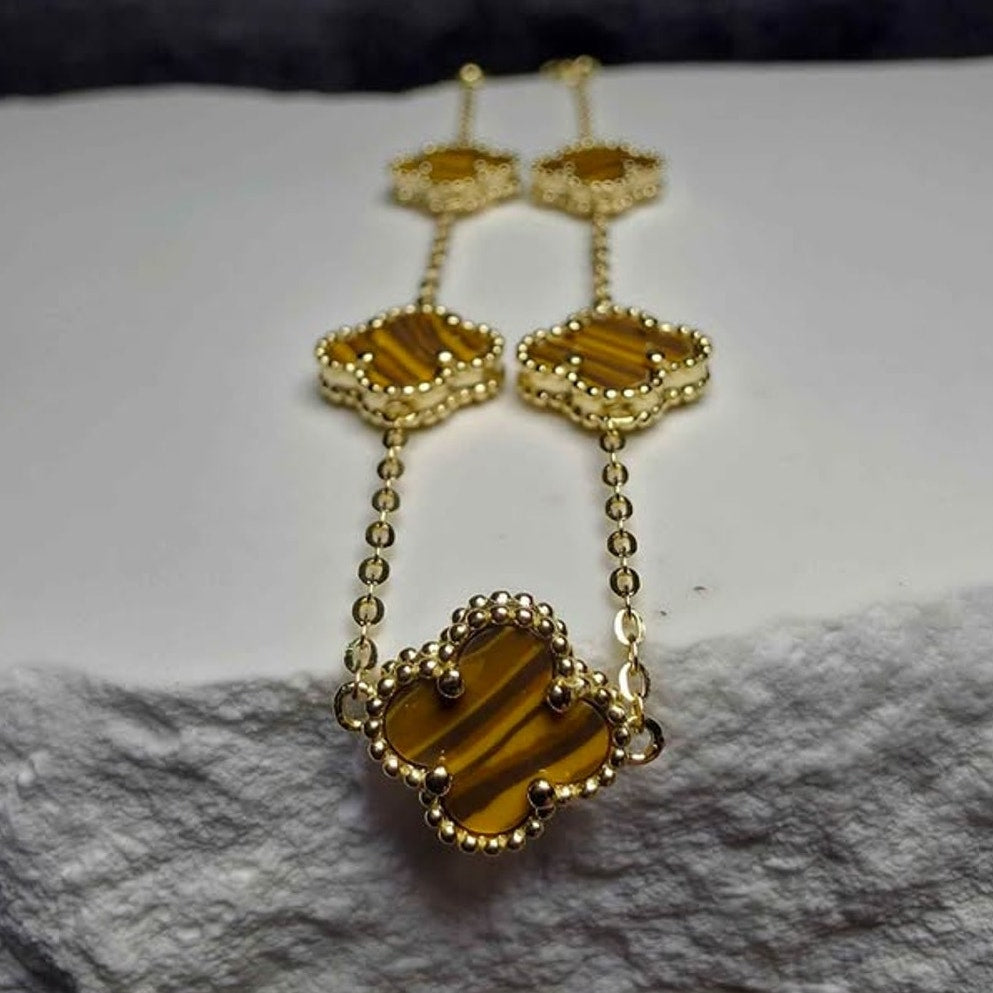 7+1" Genuine Tiger's Eye Clover Bracelet | Gold over 925 Sterling Silver