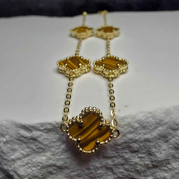 7+1" Genuine Tiger's Eye Clover Bracelet | Gold over 925 Sterling Silver