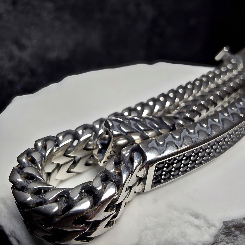 925 Sterling Silver Black Spinel ID Bar Double Franco Link Bracelet 9" 32g 7mm