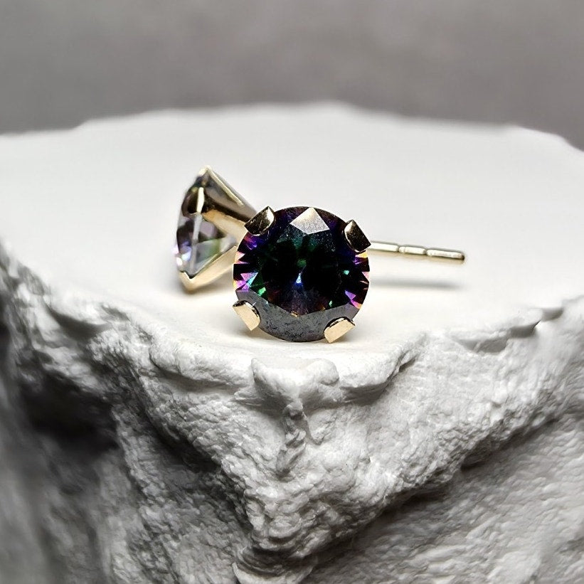 14K Solid Gold 5mm Genuine Mystic Topaz Stud Earrings w/ Silicone Backs