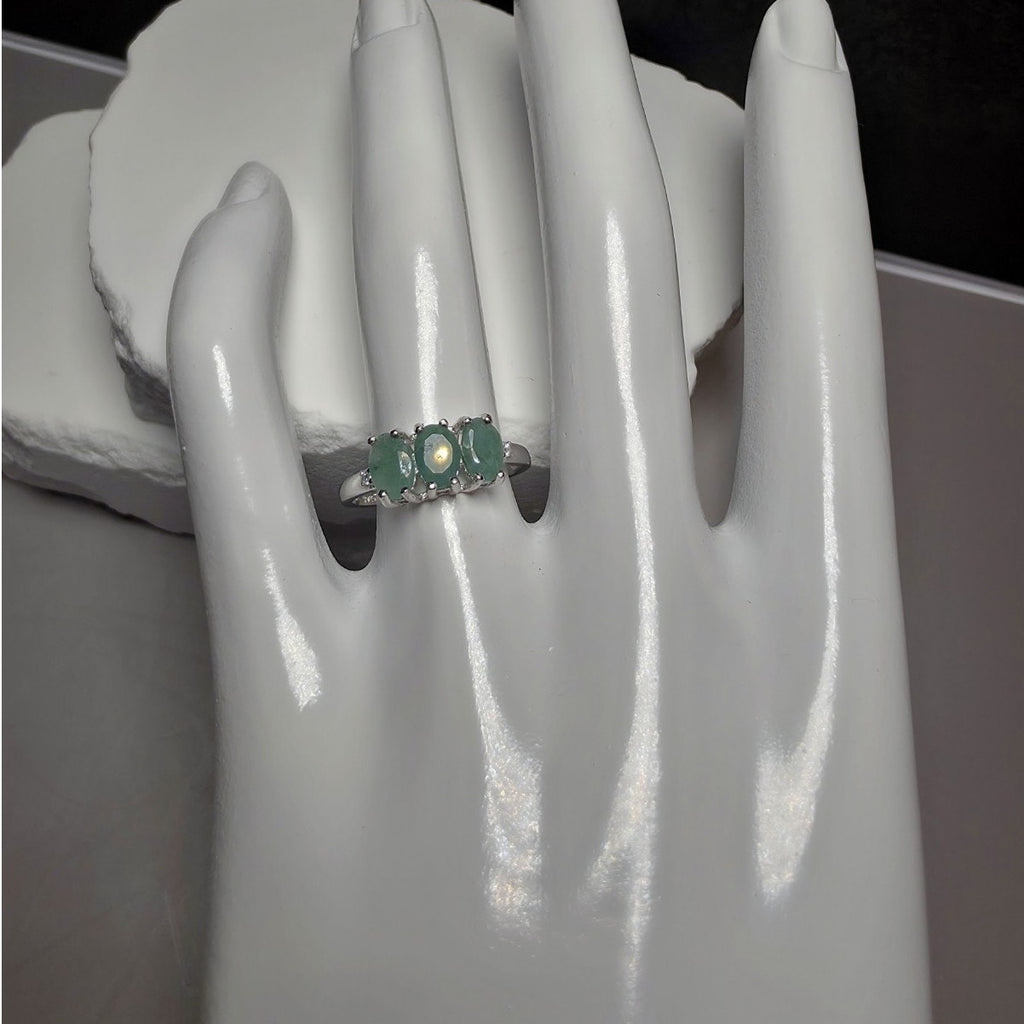 Natural Emerald 3-Stone Ring, S925 Sterling Silver, Size 7