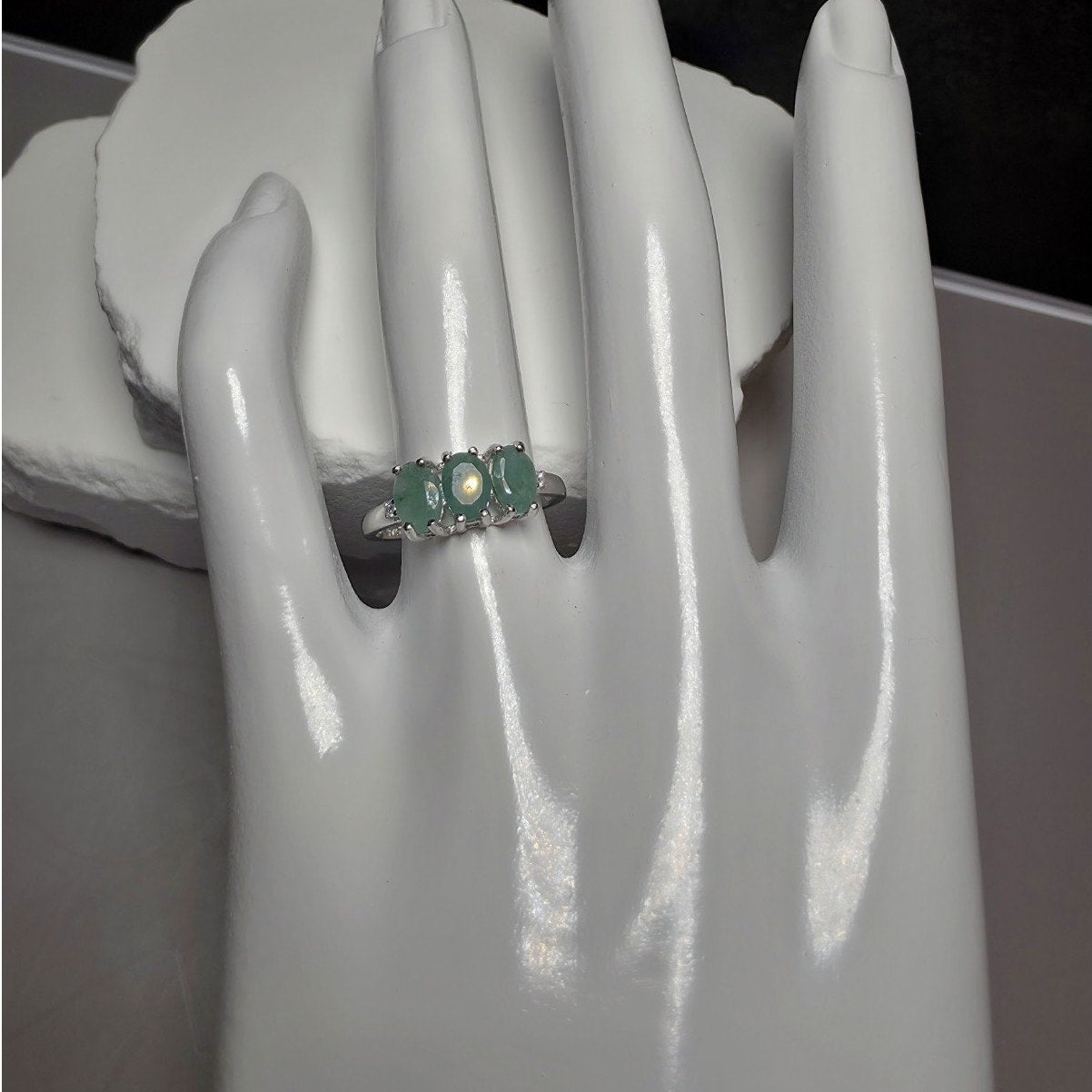 Natural Emerald 3-Stone Ring, S925 Sterling Silver, Size 7
