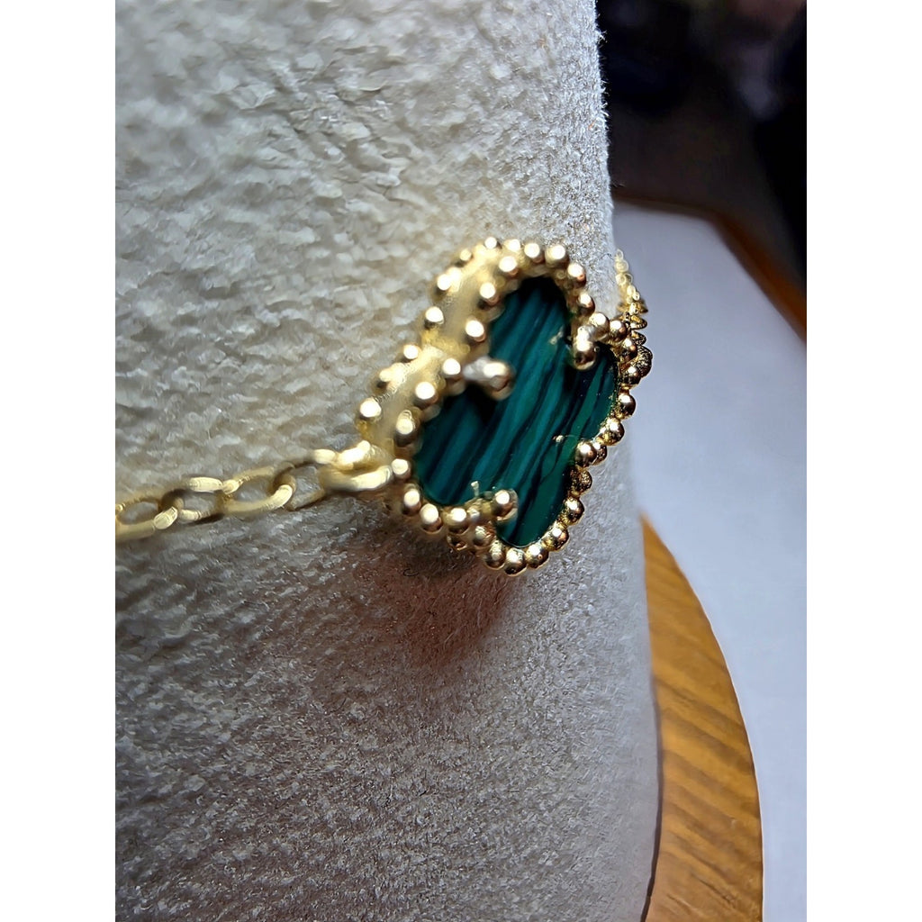 7+1" Green Malachite Alternating Clover Bracelet Gold Plated 925 Sterling Silver