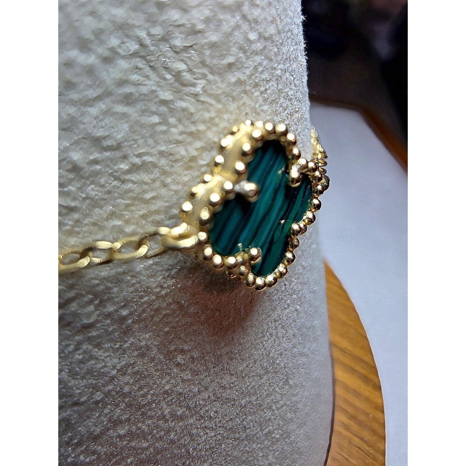 7+1" Green Malachite Alternating Clover Bracelet Gold Plated 925 Sterling Silver